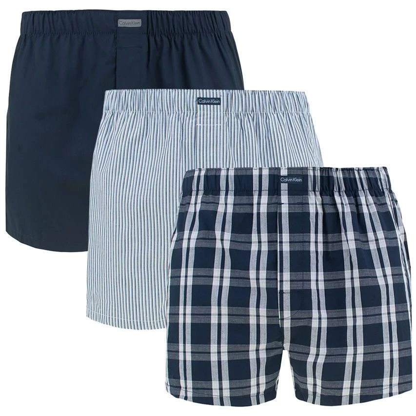 Calvin Klein 3-pack Wijde Boxershorts Stripe / Check Blauw 1 Calvin Klein 3-pack Wijde Boxershorts Stripe / Check Blauw